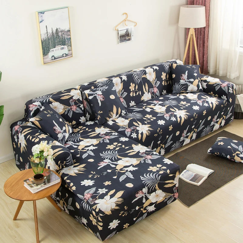 Printed L-Shape Sofa Cover with Elastic Edge