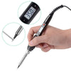 A hand holds an 80W adjustable temperature soldering iron with an LCD display and a tip, next to a thermometer graphic.