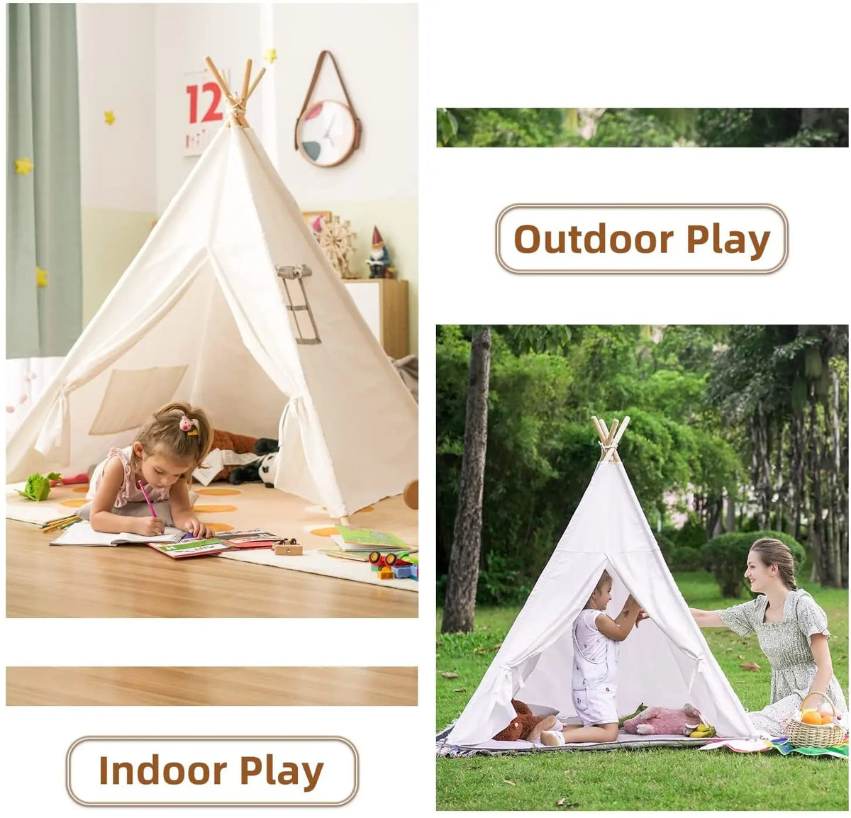 Image showing a white foldable play tent used for indoor and outdoor play, with children engaging in activities.