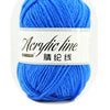 A ball of bright blue acrylic line yarn labeled as 38 weight thread.