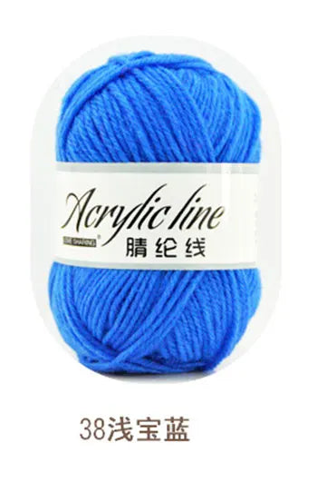 A ball of bright blue acrylic line yarn labeled as 38 weight thread.