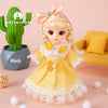 A blonde fashion doll with pink hair and a yellow dress and a large green cactus in the background.