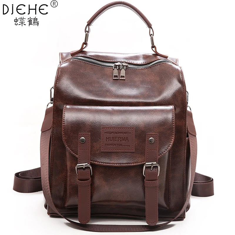 A brown PU leather fashion backpack with a zipper and leather straps.