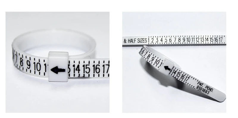 A white adjustable ring and bracelet sizer tool showing various sizes and a measurement scale.