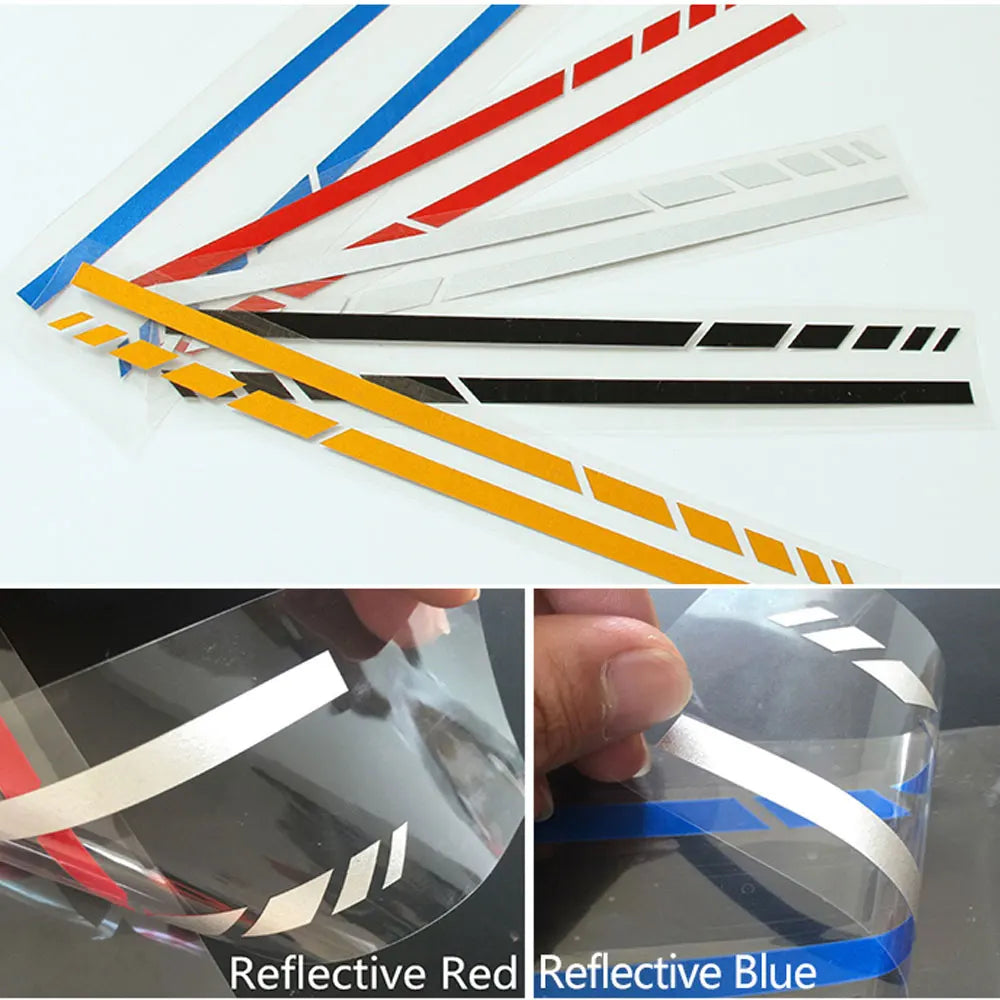 Various reflective vinyl mirror decals in red and blue colors displayed on a white background.