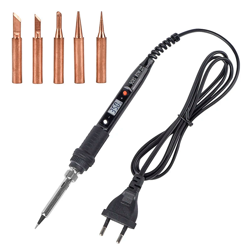 A soldering iron set showing various tips and a black cord with an LCD display.