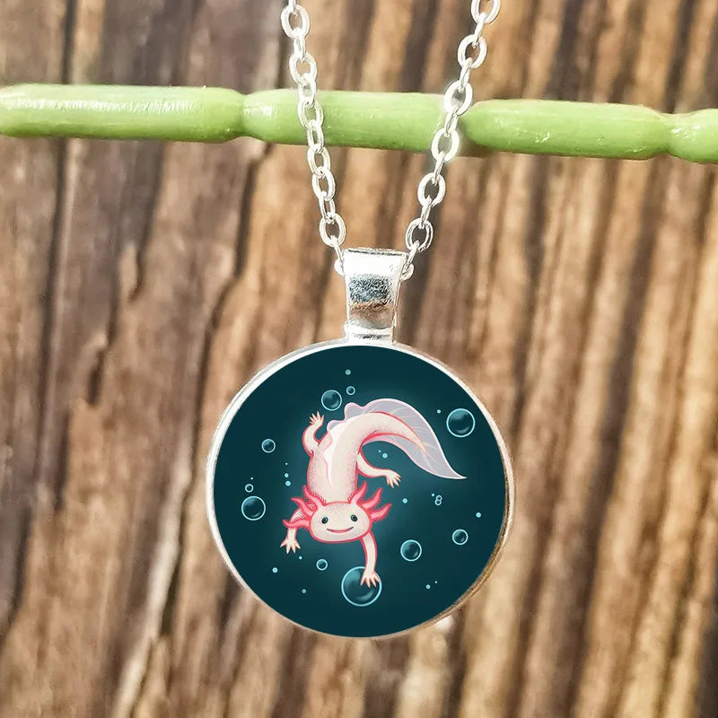 Cartoon Axolotl Glass Pendant Necklace