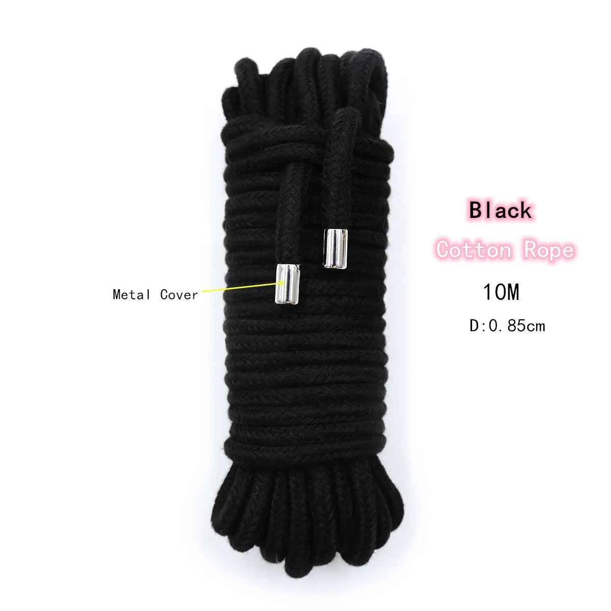 Black cotton rope with metal covers, 10 meters long.