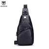 Black men's genuine leather chest bag with a laptop compartment
