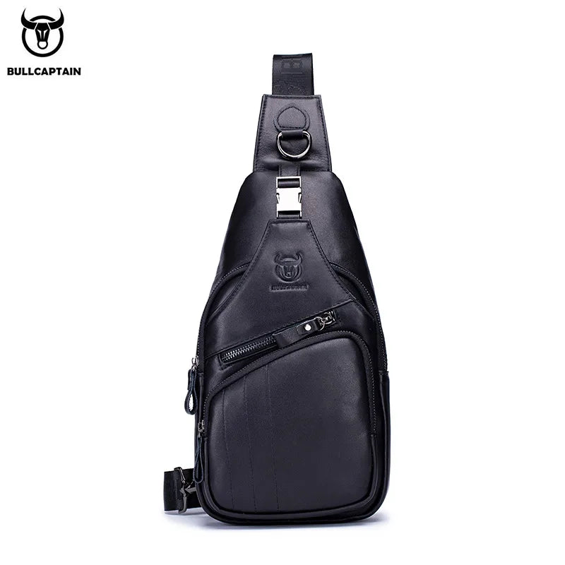 Black men's genuine leather chest bag with a laptop compartment