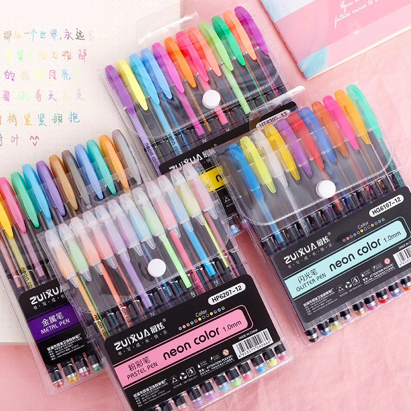 A collection of 24 gel pens featuring pastel, metallic, neon, and glitter colors arranged in clear plastic packaging.