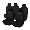 Black universal car seat covers for two-row vehicles shown in a row.