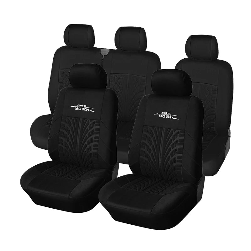 Black universal car seat covers for two-row vehicles shown in a row.