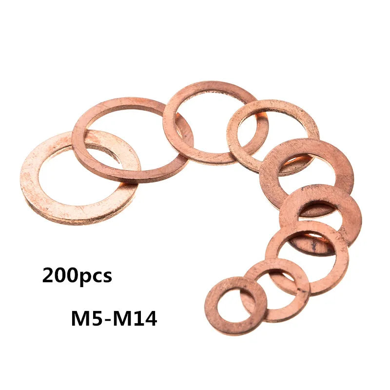 A set of 200 copper sealing washers or sump plugs with M5-M14 threads.