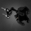 A black universal motorcycle handlebar phone mount with adjustable clamps is shown on a dark textured surface.