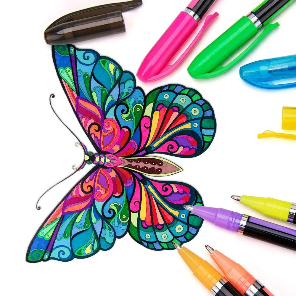 A collection of 24 gel pens featuring various colors including pastel, metallic, neon, and glitter, displayed alongside a col