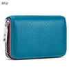 A teal leather card holder with a zipper closure and RFID protection features a textured surface.