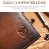 Close-up of a brown leather bifold wallet showing a deeply imprinted logo and stitching detail.