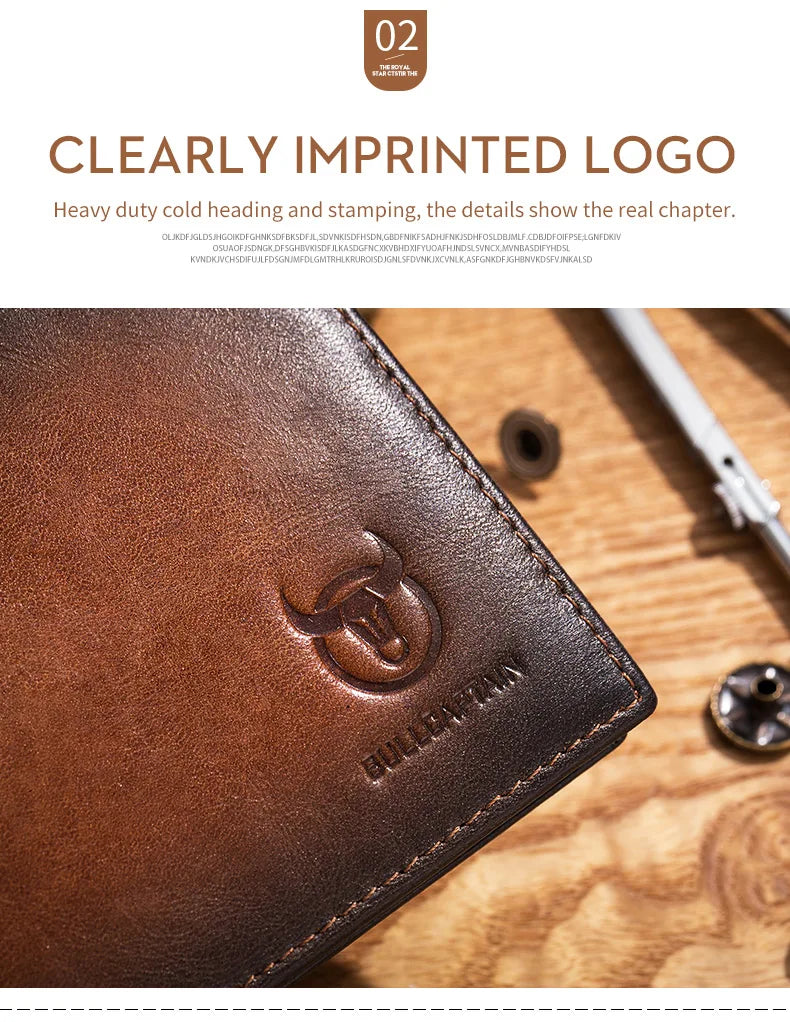 Close-up of a brown leather bifold wallet showing a deeply imprinted logo and stitching detail.