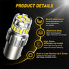 A silver LED car bulb with multiple yellow lights and detailed product features listed.
