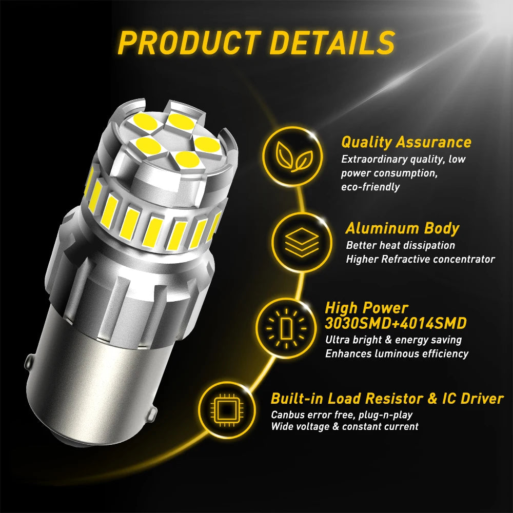 A silver LED car bulb with multiple yellow lights and detailed product features listed.