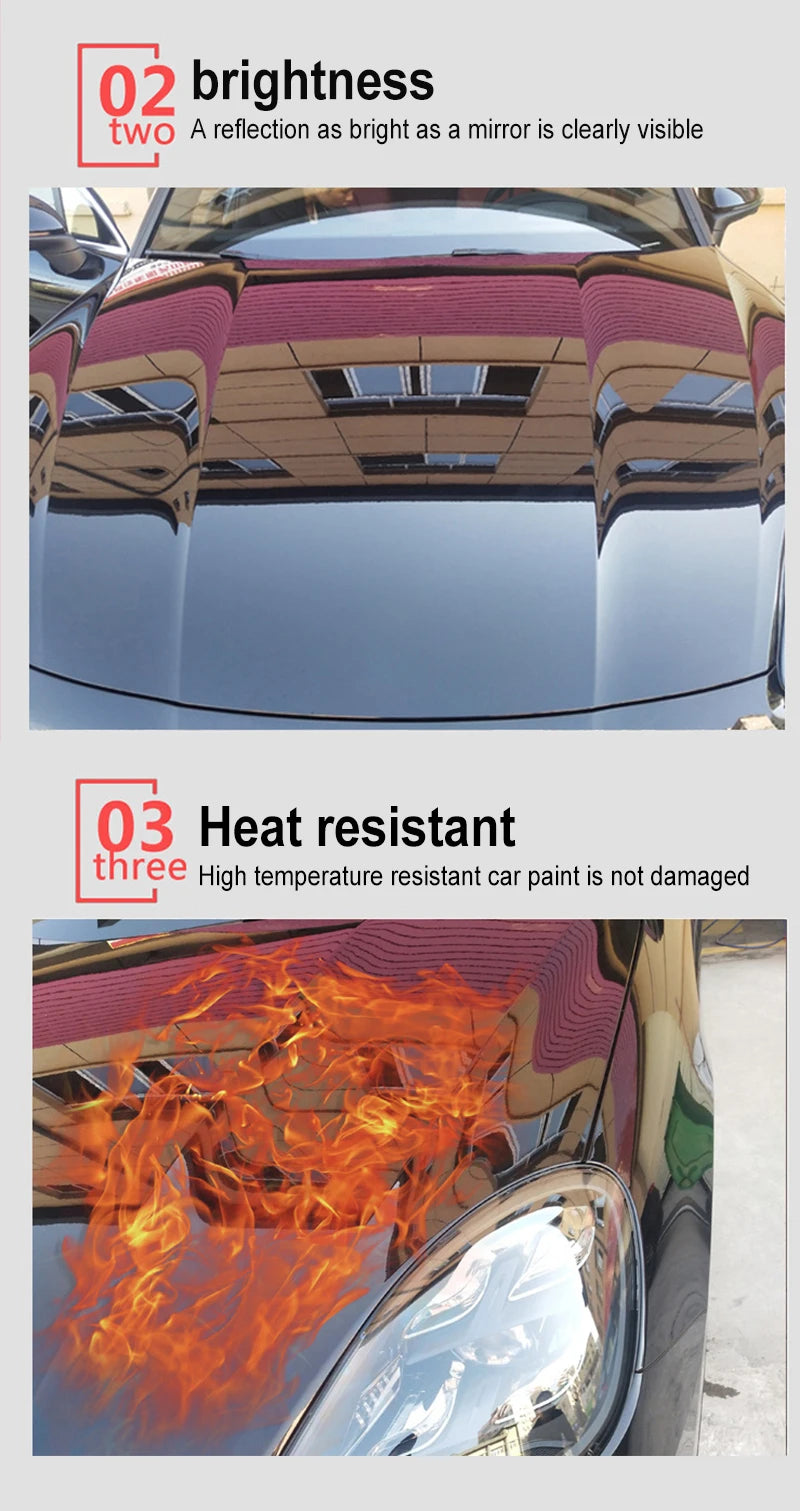 Three sections demonstrating the brightness and heat resistance of a car coating finish.