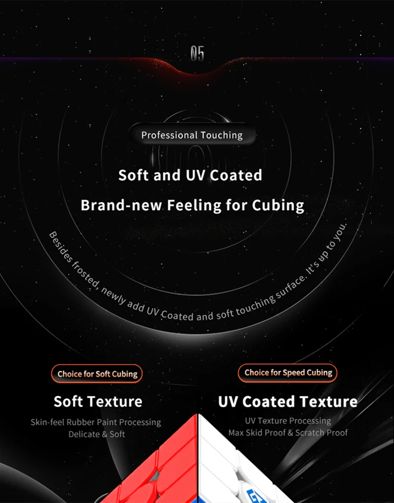 A close-up view of a red and white cube product highlighting soft texture and UV coated features.