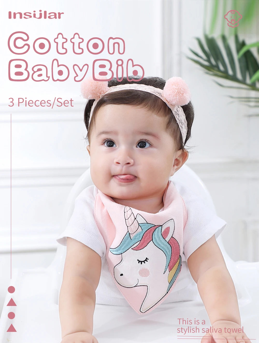 A baby wearing a pink unicorn cotton bib on a white background.