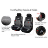 Front seat key feature and details showing innovative design, fabric types, and a convenient back pocket of car seat covers