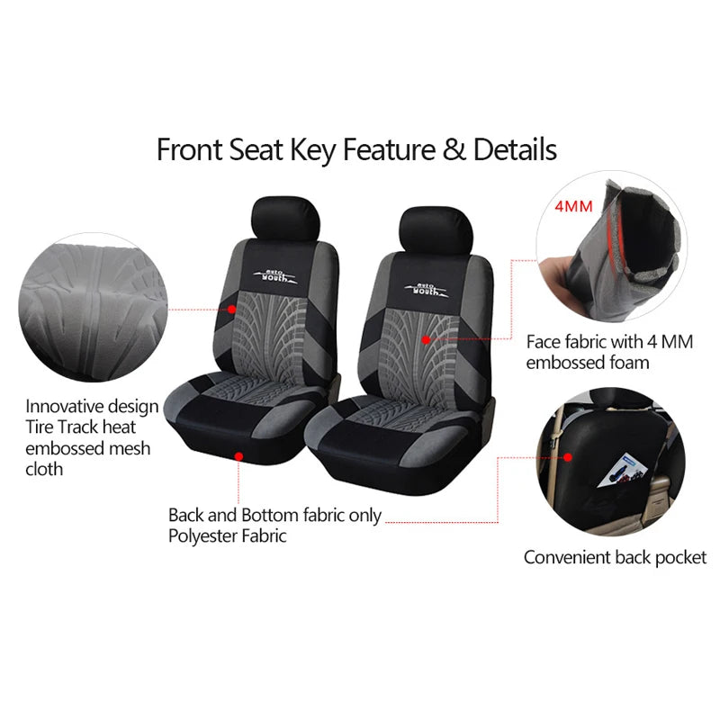 Front seat key feature and details showing innovative design, fabric types, and a convenient back pocket of car seat covers