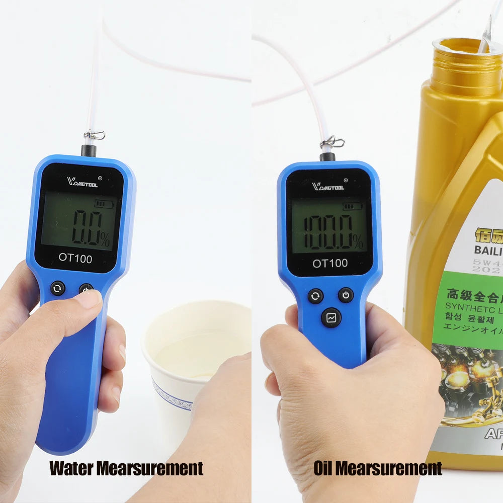 Hands hold a blue digital tester measuring water and oil, demonstrating engine oil measurement.