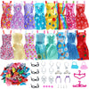 A collection of 42 doll fashion accessories including dresses, hair, and other clothing items.