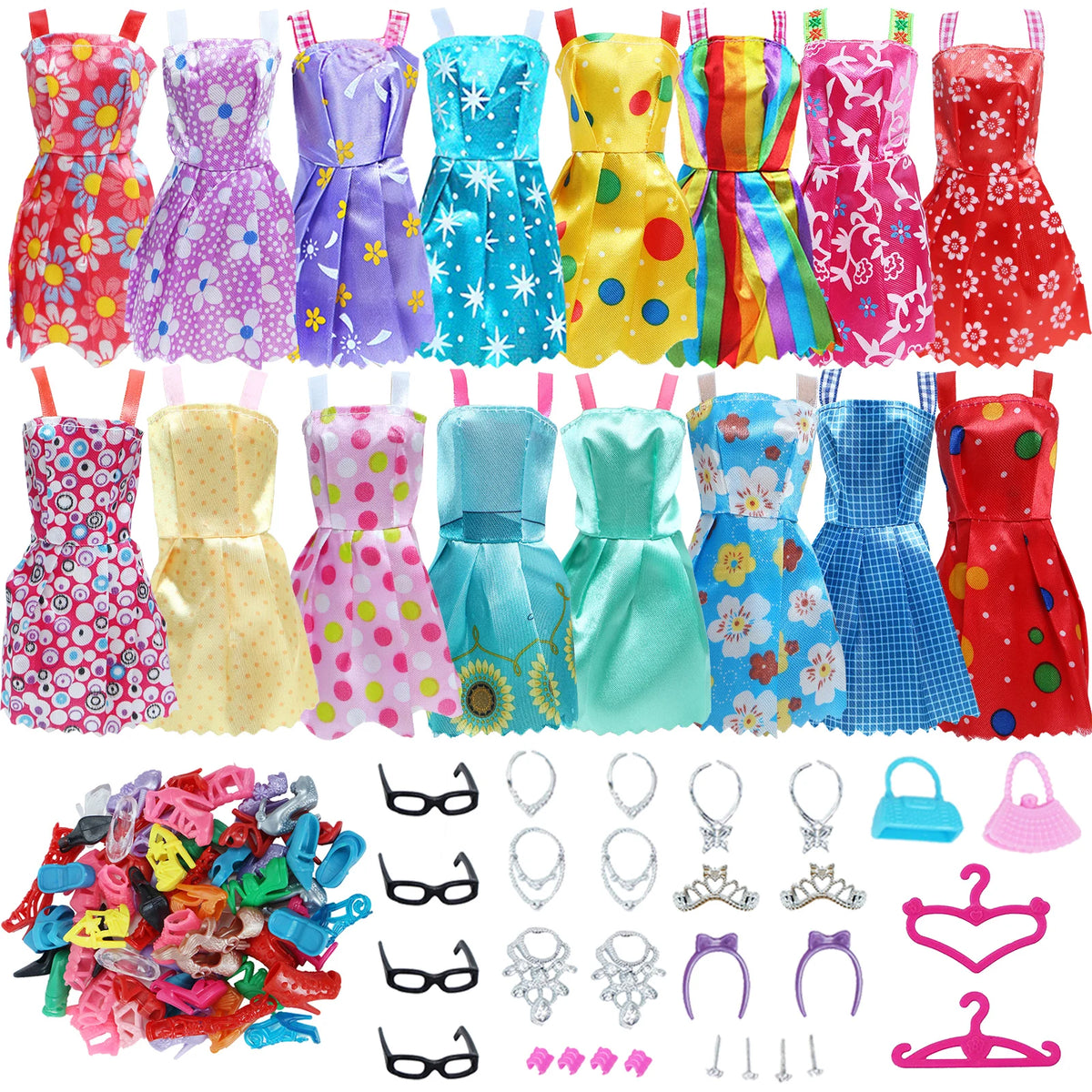A collection of 42 doll fashion accessories including dresses, hair, and other clothing items.
