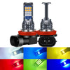 A pair of super bright LED fog light bulbs shown in various colors and lighting conditions.
