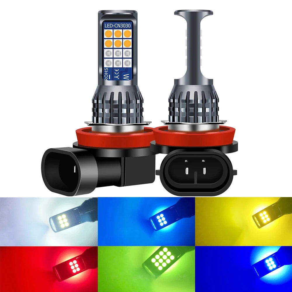 A pair of super bright LED fog light bulbs shown in various colors and lighting conditions.