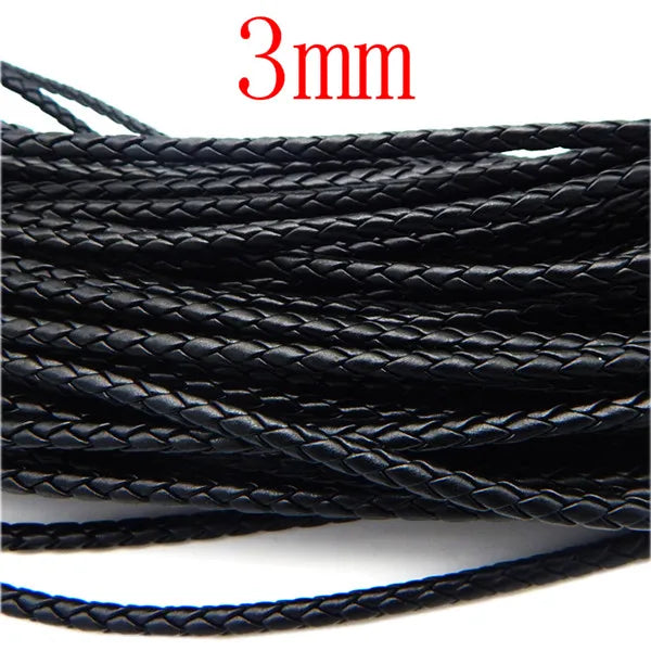 Black braided leather cord for jewelry making with a 3mm thickness.