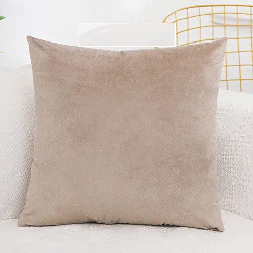 A square, light beige velvet decorative cushion cover resting on a white surface.