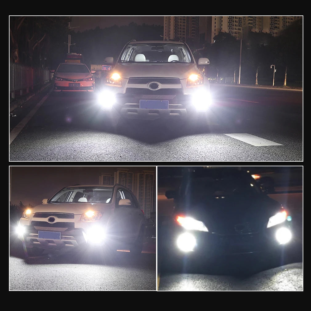 Two pairs of ultra-bright LED fog light bulbs illuminating a vehicle at night.
