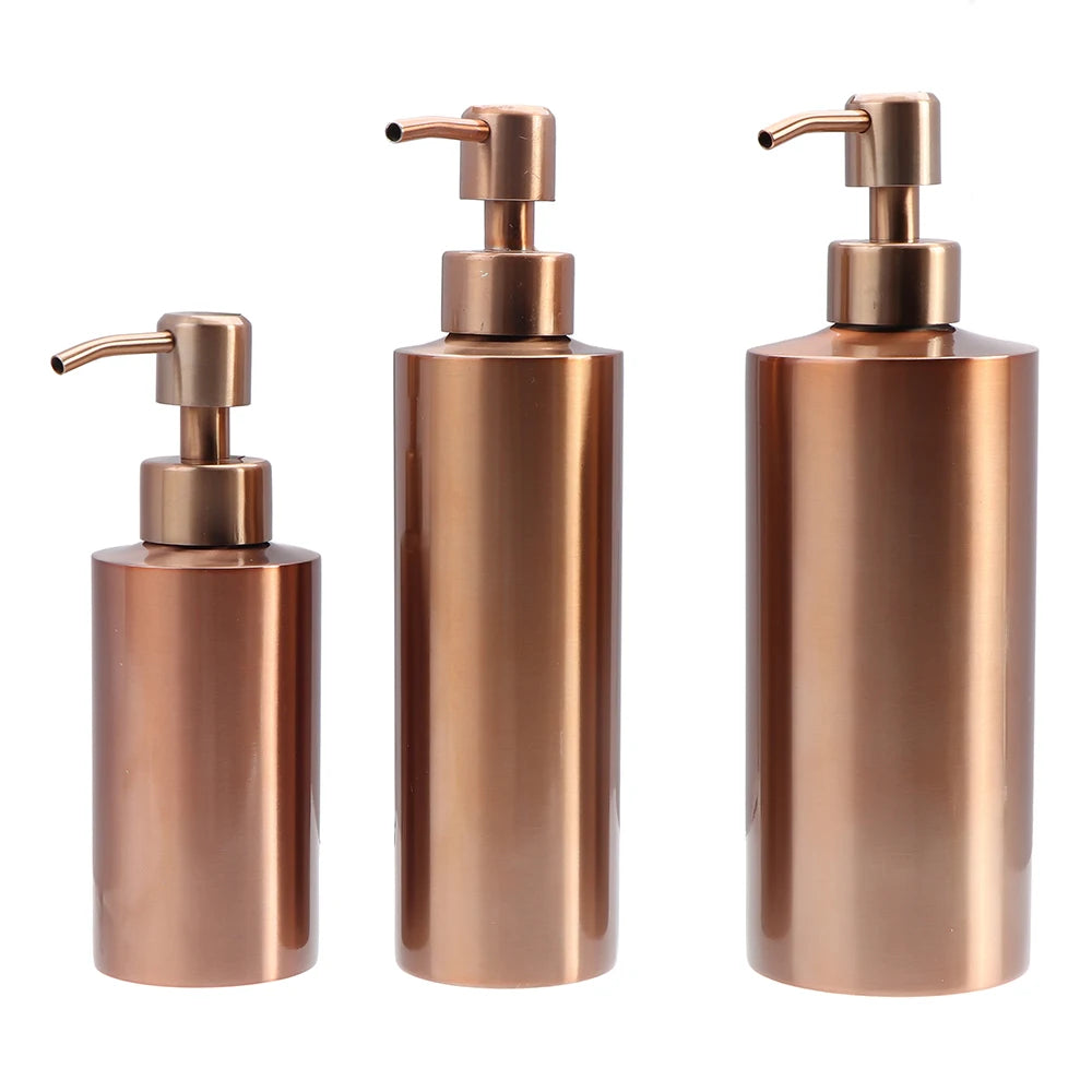 Rose gold stainless steel liquid soap dispenser pump bottle with a metallic finish