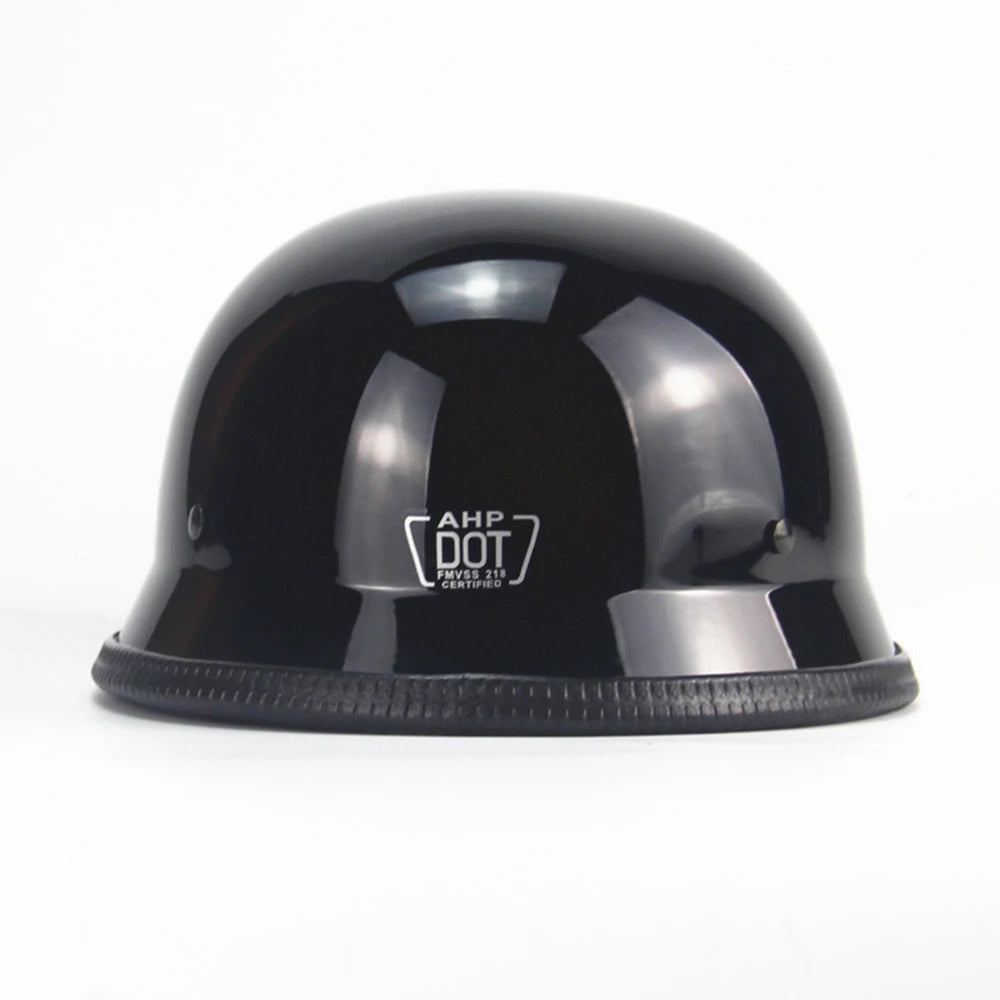 Matte black vintage German half-face motorcycle helmet with an AHP DOT certified label