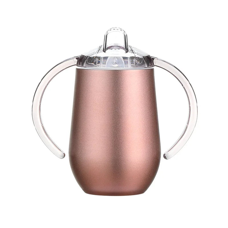 Tasse à boire en acier inoxydable rose avec couvercle et anse transparente.