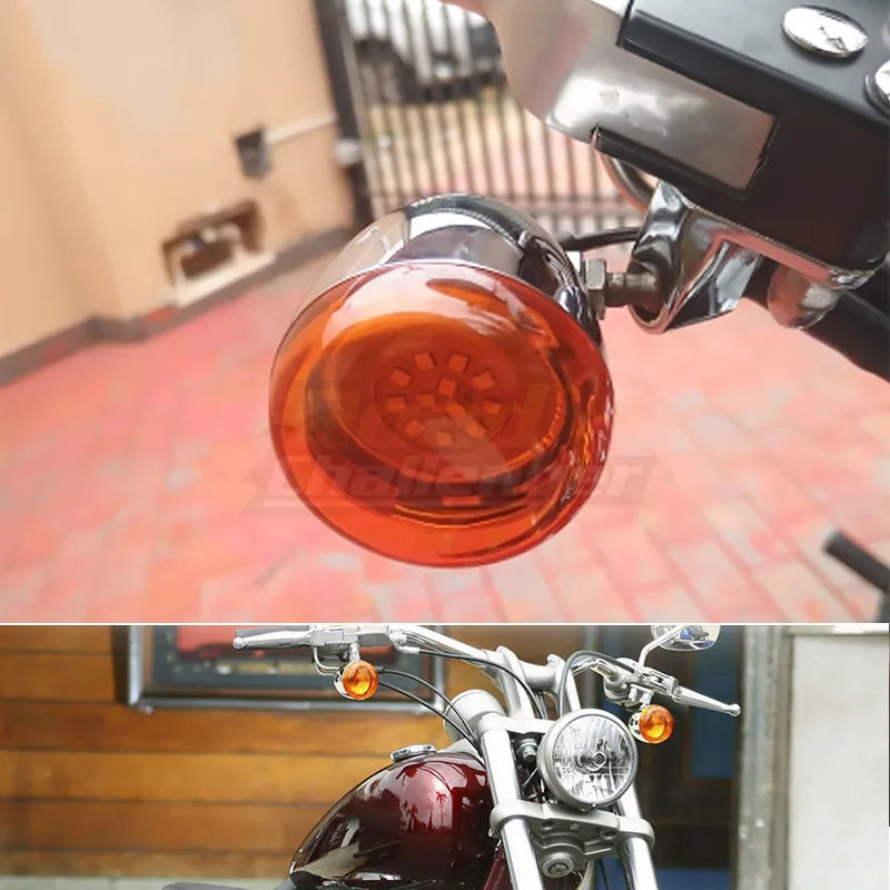Close-up of an LED turn signal light lens cover mounted on a Harley Davidson motorcycle.