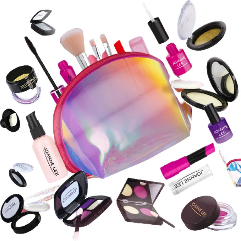 A collection of kids pretend play makeup items including brushes, lipsticks, and cosmetic containers.