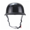 Matte black vintage German half-face motorcycle helmet with a black strap and chin bar