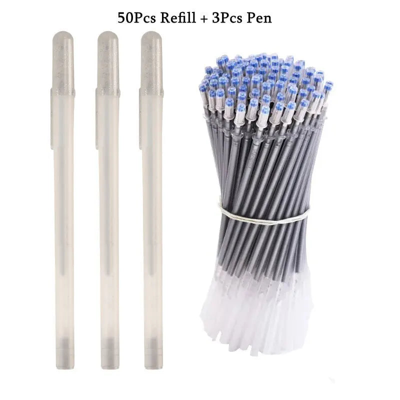 A set of 50 refill and 3 pen tips for gel pens, showing individual pens and a bundle of tips.