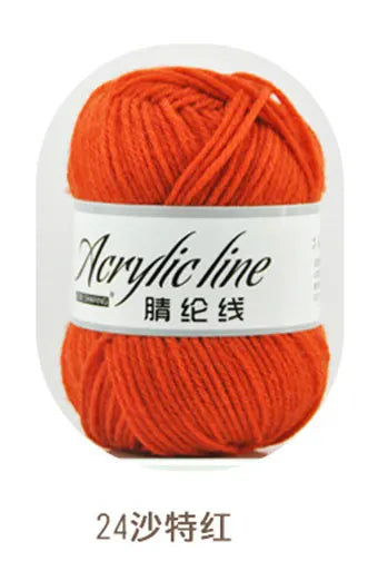 A ball of bright orange acrylic line yarn labeled as 24-thread special red yarn.