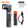 A black Nichron LED flashlight with a magnetic head, an orange battery, and a USB cable.