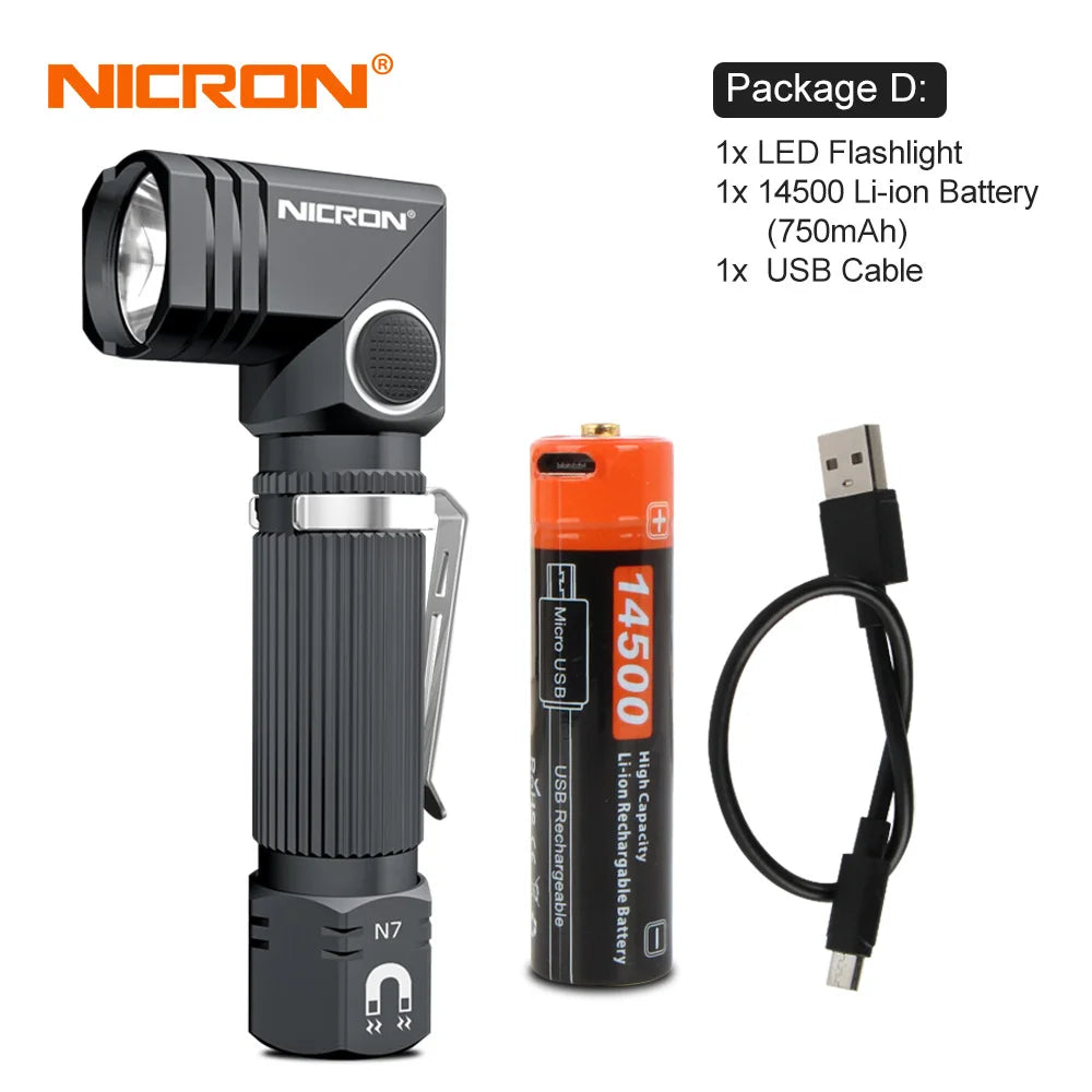 A black Nichron LED flashlight with a magnetic head, an orange battery, and a USB cable.