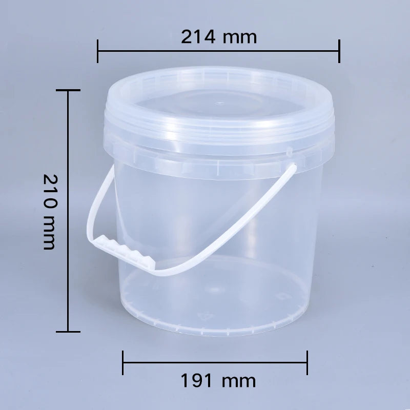 A clear plastic food-grade bucket with a lid is shown, measuring 214 mm in height and 191 mm in diameter.