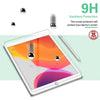 A clear tempered glass screen protector is shown on an iPad, demonstrating 9H hardness protection.